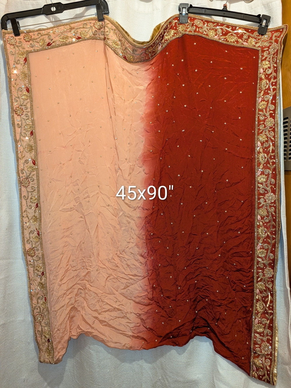 Embroidered Dupatta Ombre Red & Blush Sari Scarf